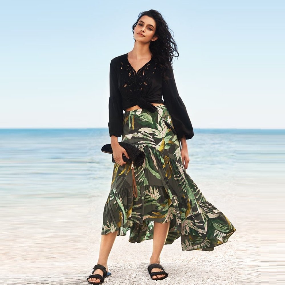 WITCHERY Tropical Island Green Tiered Midi Skirt - Picture 6 of 8